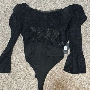 Fashion Nova Black Ruffled Asymmetrical Bodysuit